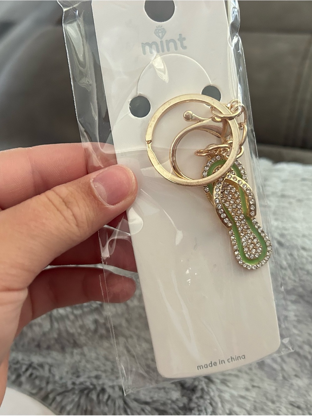5/$25 Mint Gold Flip-Flop Keychain with Green Enamel and Rhinestones